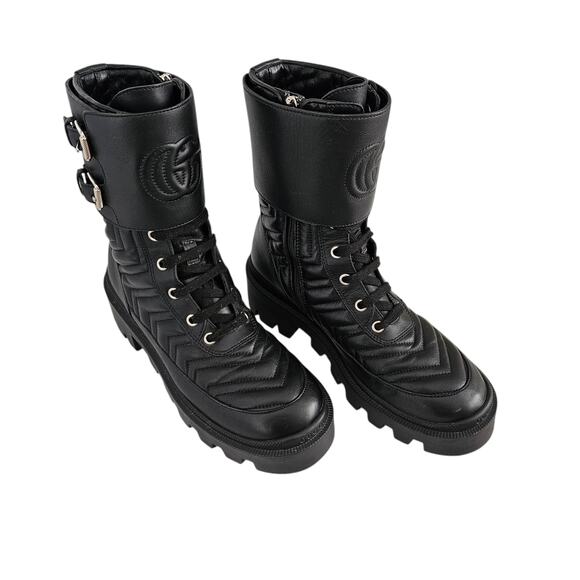 Gucci GG Frances Lace Up Combat Boot Size 36 US 6 Black Quilted Leather Lug Sole - Picture 1 of 9